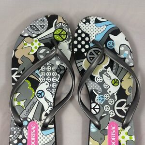 LESPORTSAC Peace Sign Print Flip Flops with Storage Bag Size 7